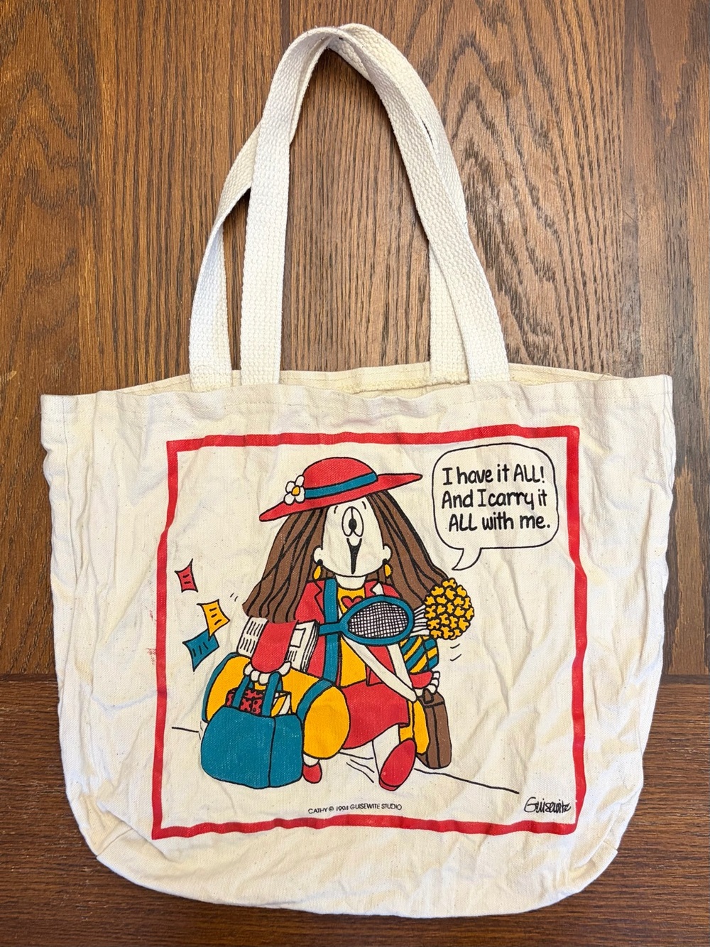 Canvas Tote Bag with Colorful Cathy Cartoon Graphic Print - Cream 1991